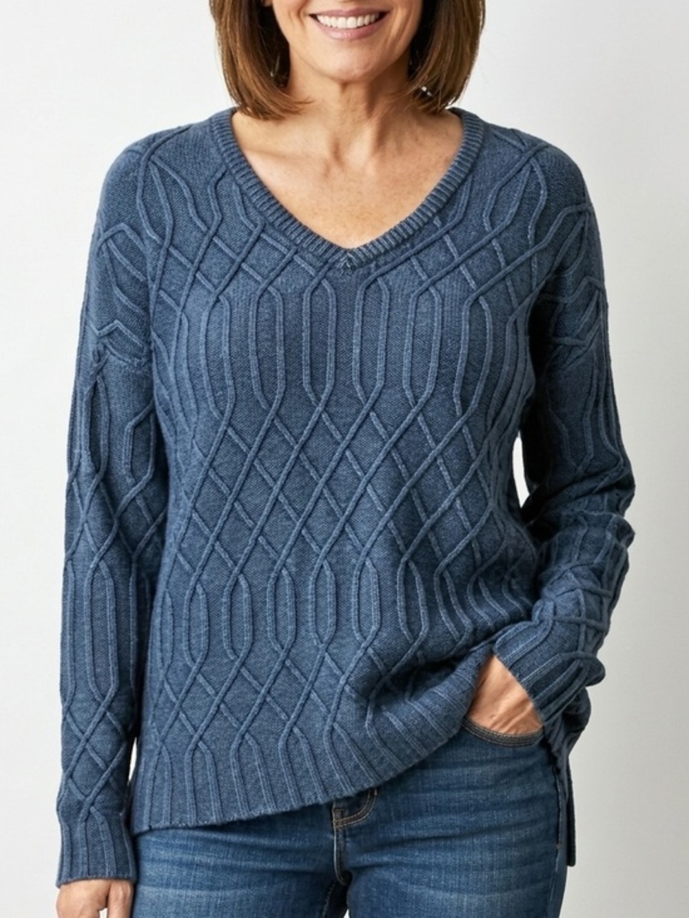 Natural Reflections Blue Cotton V-Neck Cable Knit Fisherman’s Sweater Size Med